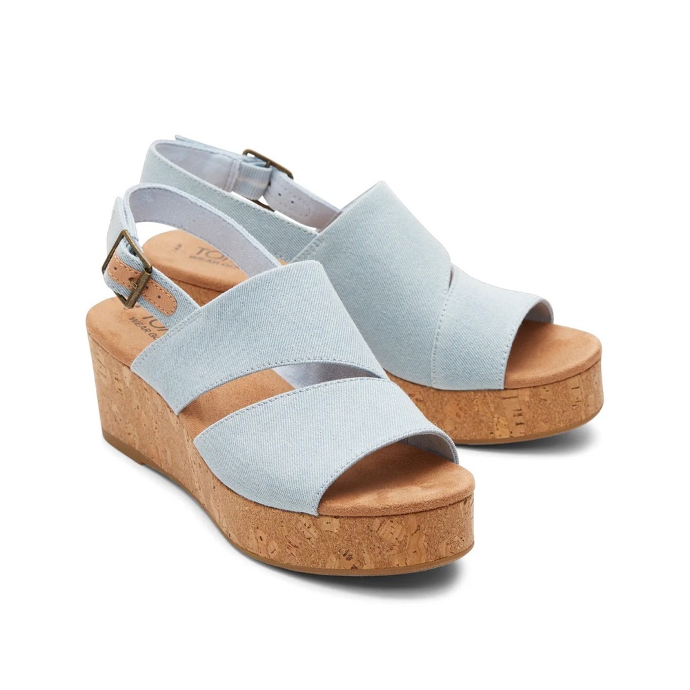 NWT Toms Light Blue Denim Cutout Wedge Platform Block Cork Peeptoe Sandals 8.5